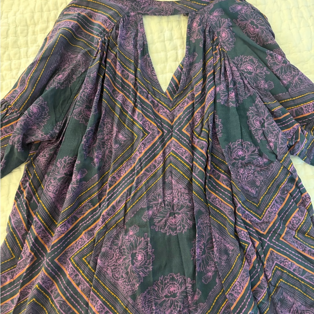 Free People Tunic Top with Purple Floral and Yellow Stripe Details